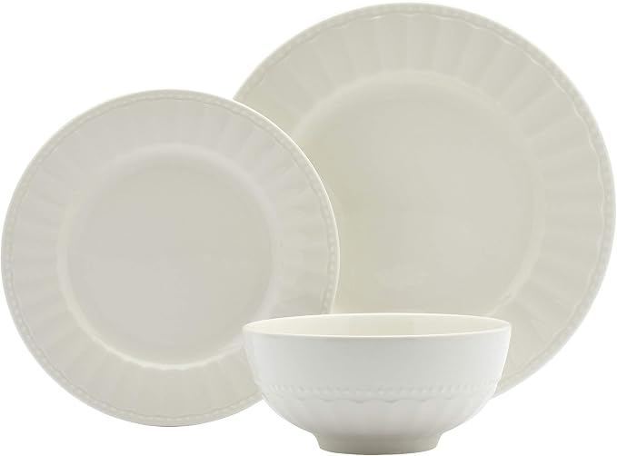 Tabletops Gallery Embossed Bone White Porcelain Round Dinnerware Collection- by TabletopsGallery