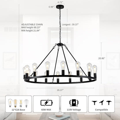 16-Light Wagon Wheel Chandelier, 40 inch Farmhouse Wagon Wheel Chandeliers, Black Round Rustic Pendant Lights, Industrial Ceiling Light Fixtures for Dining Room Living Room Bedroom Kitchen Entryway