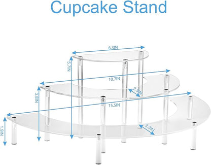 Acrylic Display Riser - 3 Tier Clear Cupcake Stand, Perfume Organizer, Half Moon Dessert Stand, Shelf for Food, Amiibo Funko POP Figure Display