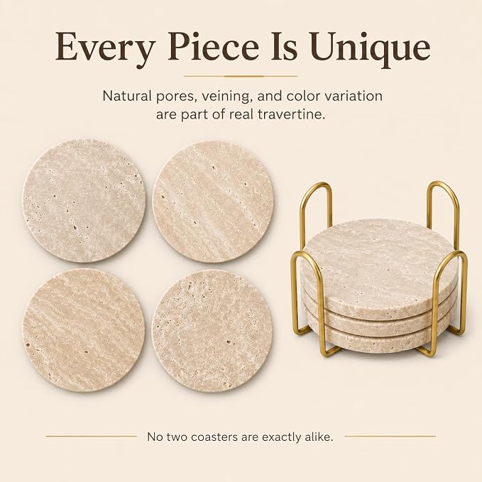 Travertine Coasters with Gold Holder, Cork Backing | Real travertine coasters - Image 9
