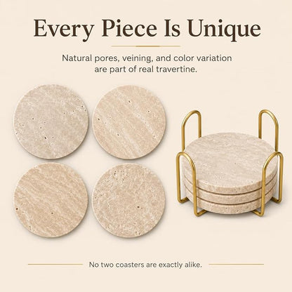 Travertine Coasters with Gold Holder, Cork Backing | Real travertine coasters - Image 9