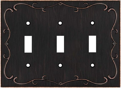 French Cabriole Decorative Wall Plate Switch Plate Outlet Cover (Triple Toggle, Aged Bronze)