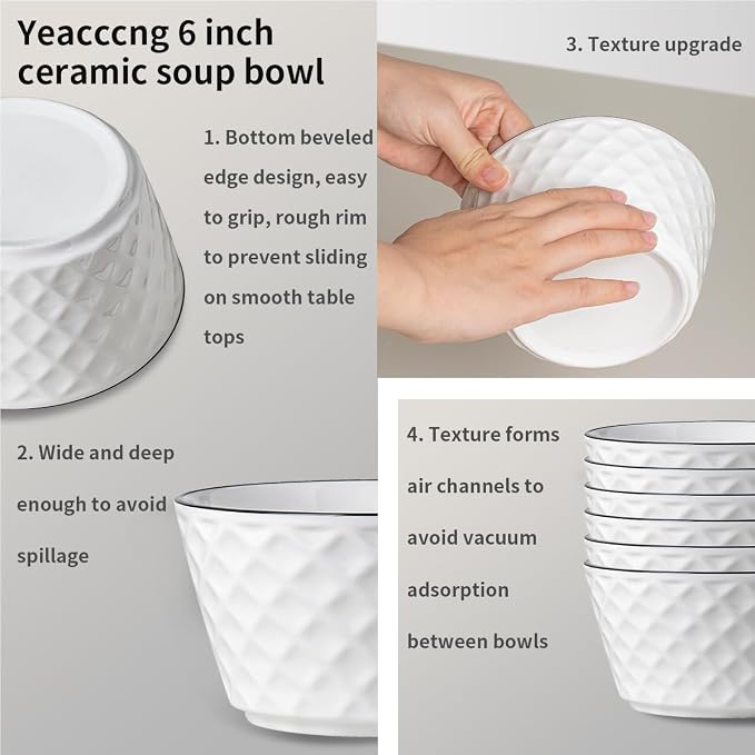 Yeacccng Ceramic Soup Bowls Set of 6, 30 Oz White Cereal Bowls, 6 inch Small - Image 6