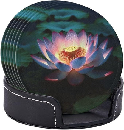 6Pcs PU Leather Coaster for Drinks, Lakeside Flowers Cup Coasters - Image 9