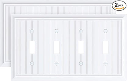 2-Pack Classic Beadboard Quad Toggle Light Switch Cover Plate, Pure White Decorative Switch Plate Covers, Natural Bamboo Fiber 4 Gang Wall Plate for Toggle Light Switch and Rotary Dimmer Switch