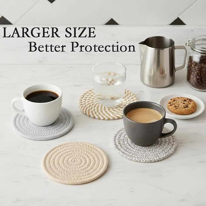4.8 Inch Woven Drink Coasters Set of 4, Thick Absorbent Coasters, Boho Cotton - Image 4