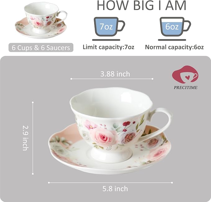 6oz Floral Porcelain Tea Cup & Saucer Set of 6, Party | Rose pattern - Image 2