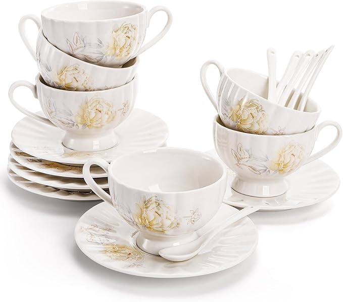 WRINGKIT Tea Cups and Saucers Set of 6, 7 Oz, Microwave Safe | Elegant by WRINGKIT