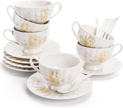 WRINGKIT Tea Cups and Saucers Set of 6, 7 Oz, Microwave Safe | Elegant by WRINGKIT