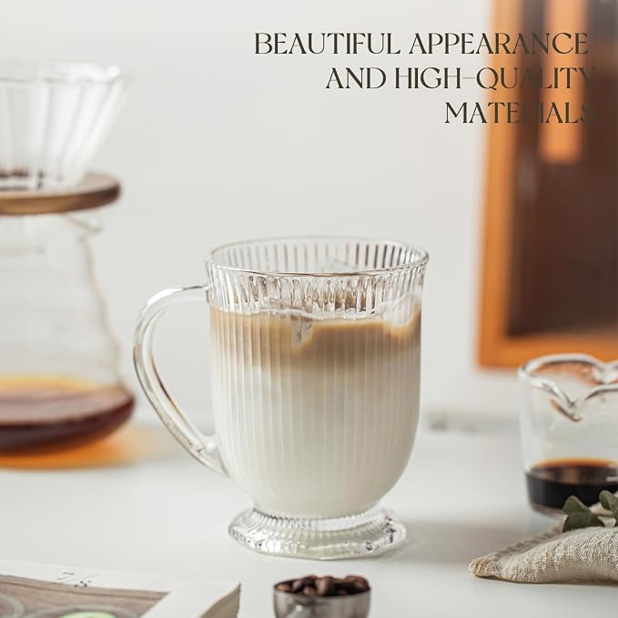 KEMORELA 16oz Ribbed Glass Coffee Mugs Set, Large Glass Mugs - Image 4