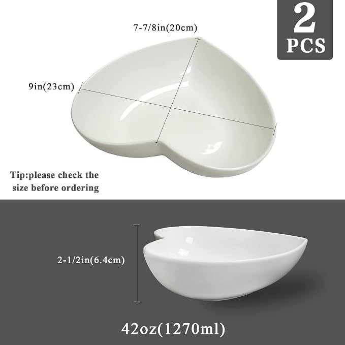 2pcs 9 inch Porcelain Heart Shaped Bowls Deep Salad Plates, Extra Large Heart - Image 2