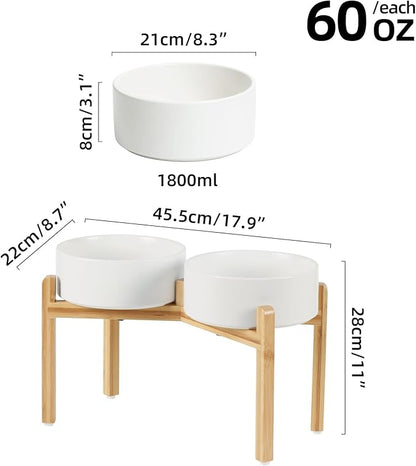 Ceramic Raised Double Bowls Set with Stand, Food & Water Bowls for Large Breed Dogs, Weighted Dog Dishes, Pet Bowl(8.2'',60OZ, White)