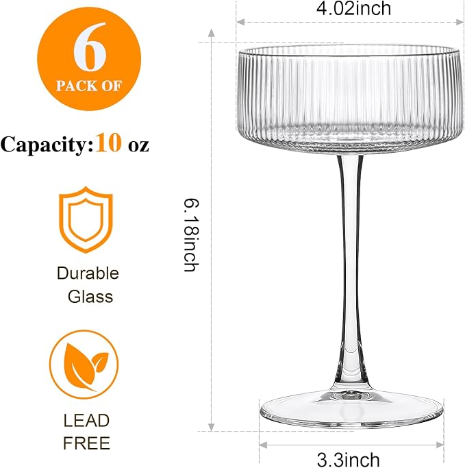 Accguan Margarita Glasses, 10 oz Ribbed Coupe Glasses Set of 6，Coup Glasses | - Image 2