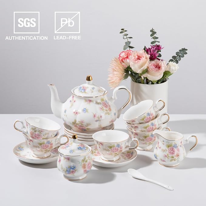 Sweejar Porcelain Tea Set Vintage Floral, British Relief Gold Rim Teapot Cup - Image 3