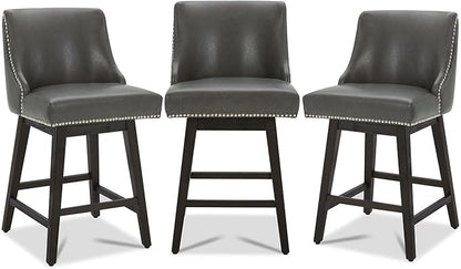 CHITA Counter Height Swivel Bar Stools Set of 3, FSC Certified Upholstered Counter Stools, Modern Swivel Barstools with Wood Legs for Kitchen Island, 26" Seat Height, Faux Leather in Retro Grey