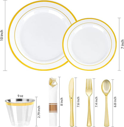 350 PCS White and Gold Plastic Dinnerware Set for 50 Guests, 100 Disposable Plates for Party, 50 Pre Rolled Napkins with Gold Silverware, 50 Cups