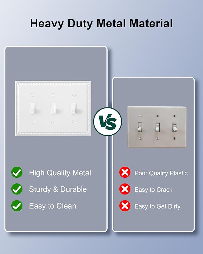 2-Pack Triple Toggle Light Switch Cover Plate, Pearls Decorative Switch Plate Covers, Pure White 3 Gang Metal Wall Plate, Corrosion Resistant