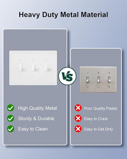 2-Pack Triple Toggle Light Switch Cover Plate, Pearls Decorative Switch Plate Covers, Pure White 3 Gang Metal Wall Plate, Corrosion Resistant
