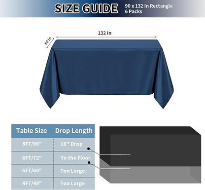 PureFit 6 Pack Rectangle Navy Blue Table Cloths 90 x 132 Inch for 8Ft Tables, Stain and Wrinkle Resistant Table Linens for Home Use, Wedding, Party, Banquet and Camping