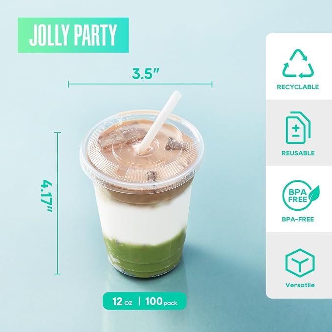 12 oz Clear Plastic Cups with Flat Slotted Lids, Disposable Drinking Party Cups - Image 2
