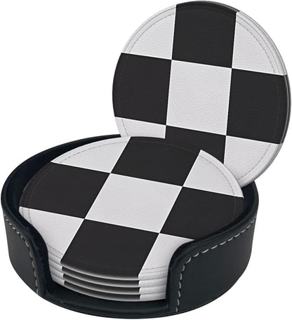 6 Pcs Black and White Checker Leather Coasters - Image 2