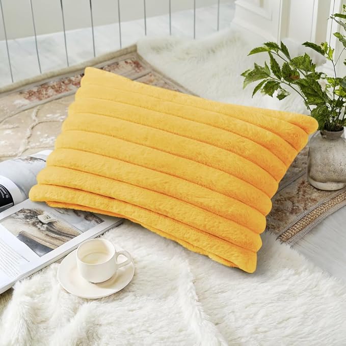 decorUhome Cozy Faux Fur Throw Pillow Covers 12x20 Set of 2 Decorative Soft Plush Striped Lumbar Modern Farmhouse Boho Couch Pillow Cases with Velvet Back for Sofa Bed Living Room, Mustard Yellow
