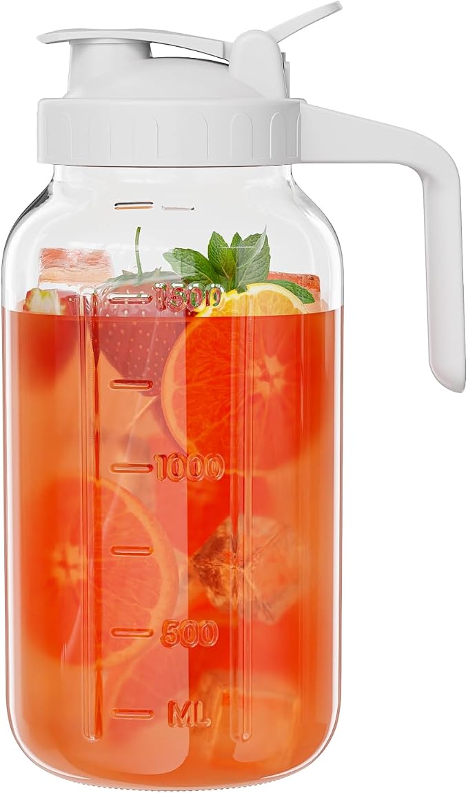 Glass Pitcher with lid, 64 oz Wide Mouth Mason Jar | Dual leak-proof lid by Junvpic
