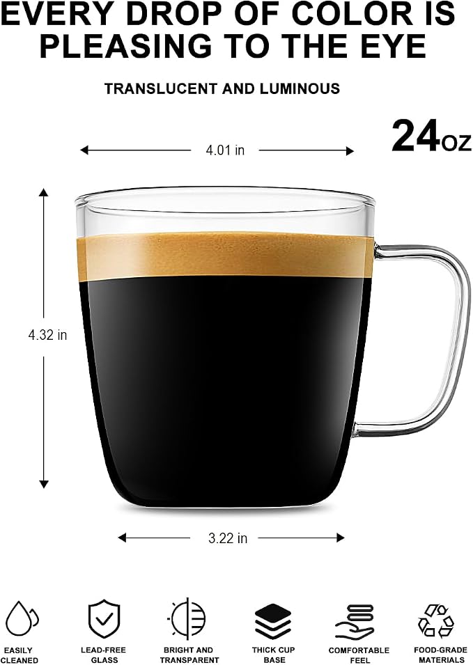 LUXU Glass Coffee Mugs, 24 oz Ice coffee cups, Large Beer Mugs Set of 2 | - Image 2