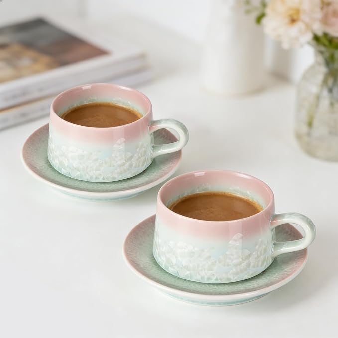 KAMMAK Tea Cups and Saucers Set of 2, 7.7 oz Glaze Coffee Mugs, JX001 | - Image 7