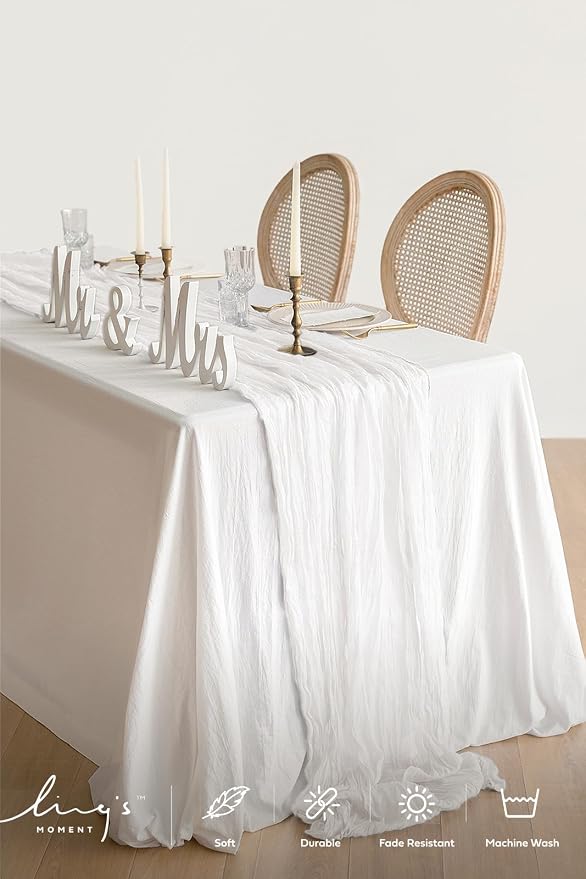 Ling's Moment 10Ft x 35" Wide Brilliant White Gauze Semi-Sheer Table Runner - Image 2
