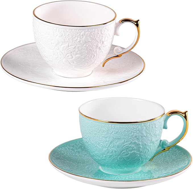 KAMMAK Tea Cups and Saucers Set of 2, Fine Bone China Coffee Cups, GH021 | by KAMMAK