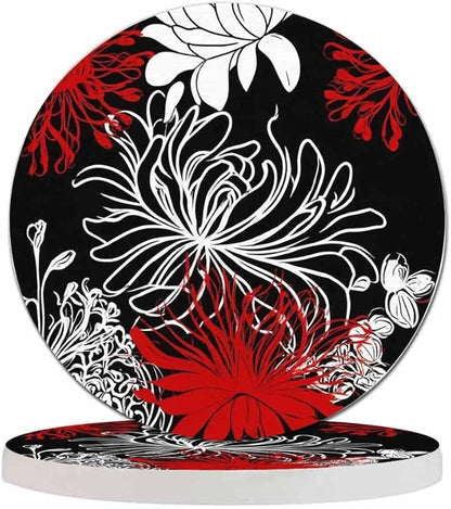 Chrysanthemum Flower Drink Coasters Modern Monochrome Peonies Spring Floral Blossom Housewarming Presentss for New Home Present for Friends,2 Pcs,4 X 4 X 0.35 Inches