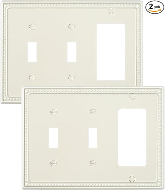 2-Pack Combo Decorator/Double Toggle Light Switch Cover Plate, Light Almond Pearls Decorative Switch Plates and Outlet Covers, Metal Wall Plates for Electrical Outlets
