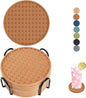 Set of 8 Silicone Coasters, 4'' Drink Coaster with Holder, Round Coasters for Drinks Beer Coffee Home Office Bar Desk Tabletop Protection, Non-Slip Rubber Coaster (Tawny, 8 Pcs-Metal Holder)