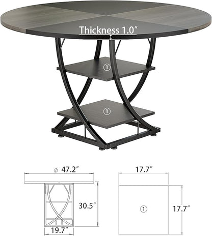 Round Dining Table for 4-6, 47 inch Circle Kitchen Table with 2-Layer Storage Shelf, Modern Wood Dinner Table with Heavy Duty Pedestal for Dining Room, Farmhouse, Living Room, Kitchen, Black & Grey