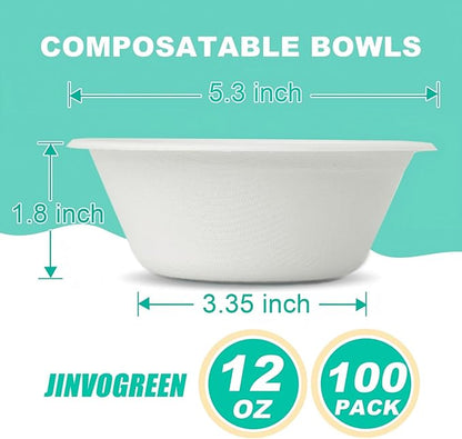 100 Count 12 oz Paper Bowls, Disposable Compostable Bowls, Heavy Duty Biodegradable Bagasse Bowl for Snacks, Soup, and Salads, White