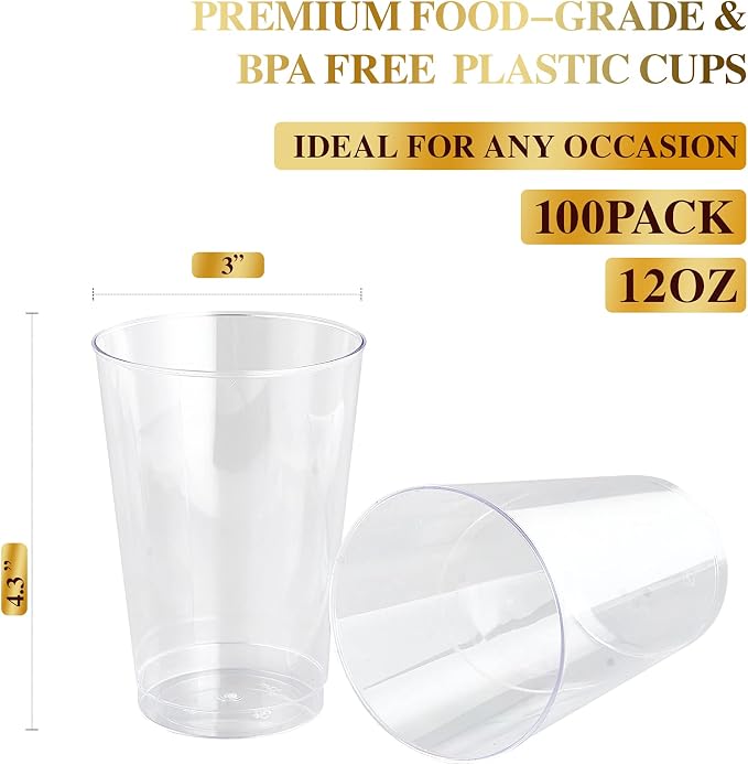 FOCUSLINE 100 Count 12 oz Clear Plastic Cups | Disposable Heavy Duty Hard - Image 2
