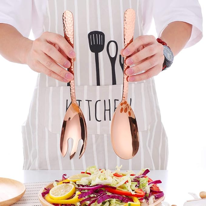 Salad Spoon and Fork Set, 12 Inch Stainless Steel Salad Server, Rose Gold Large - Image 6