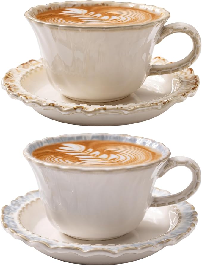 Vintage Porcelain Coffee Cup and Saucer Set, 12 OZ Ceramic Latte Mug by Unknown