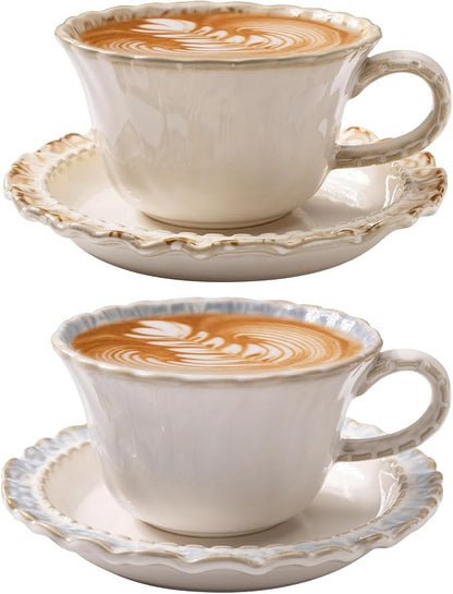 Vintage Porcelain Coffee Cup and Saucer Set, 12 OZ Ceramic Latte Mug by Unknown