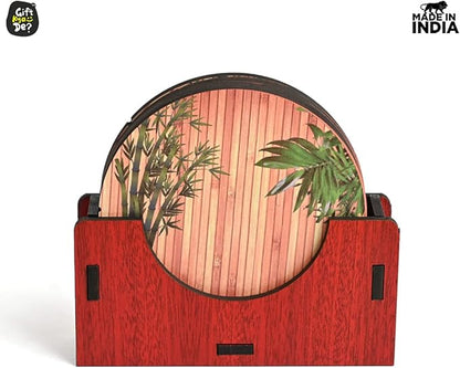 GKD Wooden Coasters for Drinks, MDF Wooden Coasters Set of 6 with Holder, 3.5 inches Eco-Friendly Absorbent Coaster for Coffee Table, Office, Bar, Drinking Glasses, Tabletop Protection