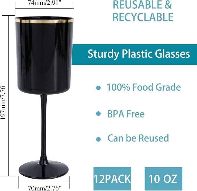 Ciaell 12 Pack Black and Gold Plastic Wine Glasses - Image 2