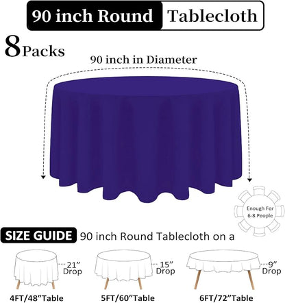 8 Pack Purple Round Tablecloth 90 Inch Stain and Wrinkle Resistant Round Purple Table Cloth Reusable and Washable Polyester Fabric for Valentine's Day Buffet Wedding Party and Banquet