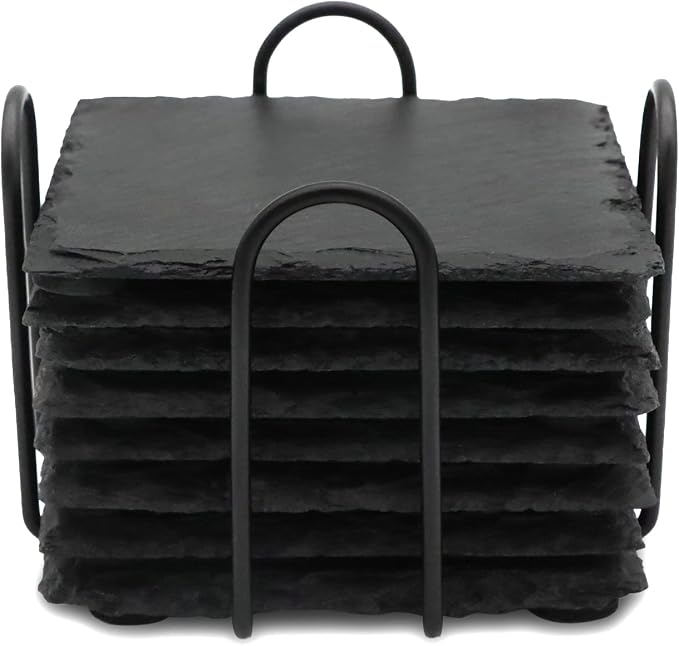 8 Pack 4 Inch Square Black Slate Coasters Set by SIJDIEE