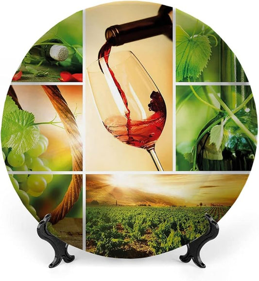 Decorative Plates, Wine Print Ornament, Wine Tasting and Grapevine Collage Green Fresh, 10 Inch, Kitchen Wall Decor, Green Ruby Caramel