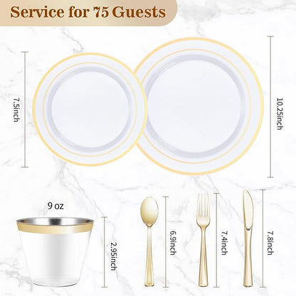 BESTVIP 450PCS Gold Dinnerware Set for 75 Guests, Plastic Plates for Party, 75 Gold Disposable Plates, 75 Dessert Plates, 75 Cups, 75 Spoons, 75 Forks and 75 Knives