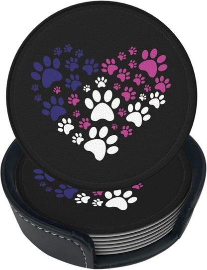 6 Pcs Cat Dog Paw Prints Heart Leather Coasters by NiuKom
