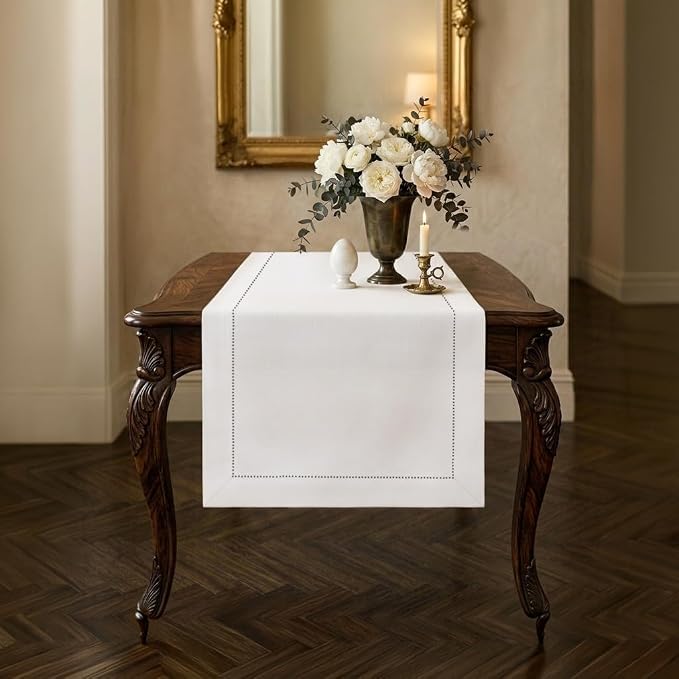 Signature Linen™ by D'Moksha White Table Runner 48 Inches, 100% Pure Linen by DMokshaHomes