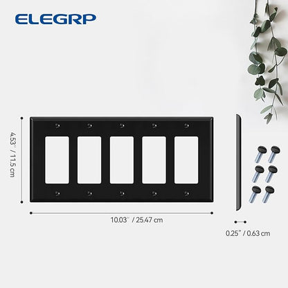 ELEGRP 5-Gang Decorative Wall Plates, Standard Size 4.52" H x 10.03" L Unbreakable Thermoplastic Faceplate Cover for Decorator Receptacle Outlet Switch, UL Listed (1 Pack, Glossy Black)