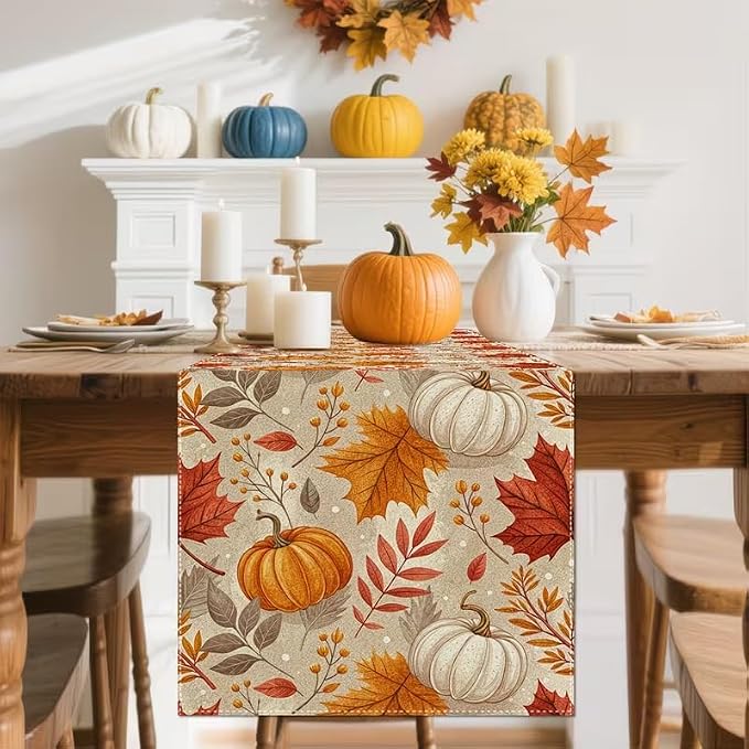 Fall Maple Leaf Pumpkin Table Runner, Seasonal Thanksgiving Harvest Farmhouse - Image 2